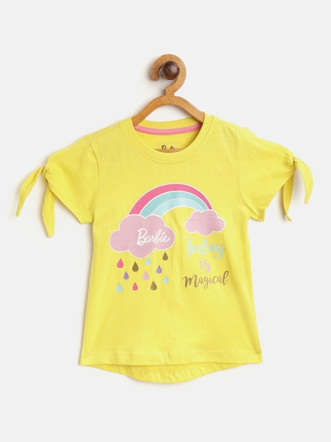 

Barbie Girls Yellow & Pink Pure Cotton Printed Slit Sleeve Regular Top