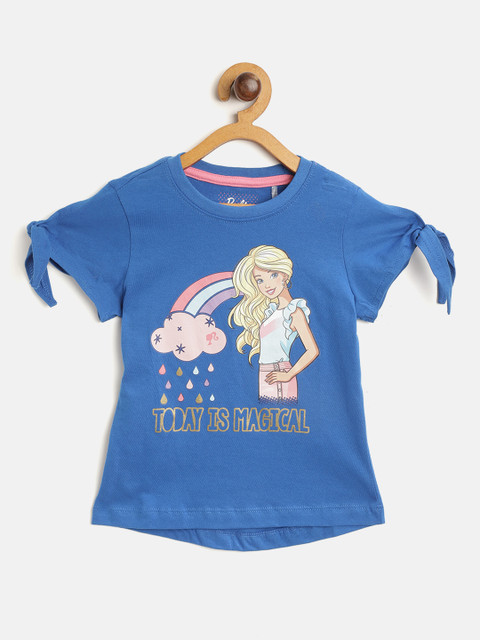 

Barbie Girls Blue & Pink Pure Cotton Barbie Print Slit Sleeve Regular Top