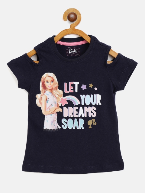 

Barbie Girls Navy Blue & Pink Typography Print Cold-Shoulder Sleeves Regular Top