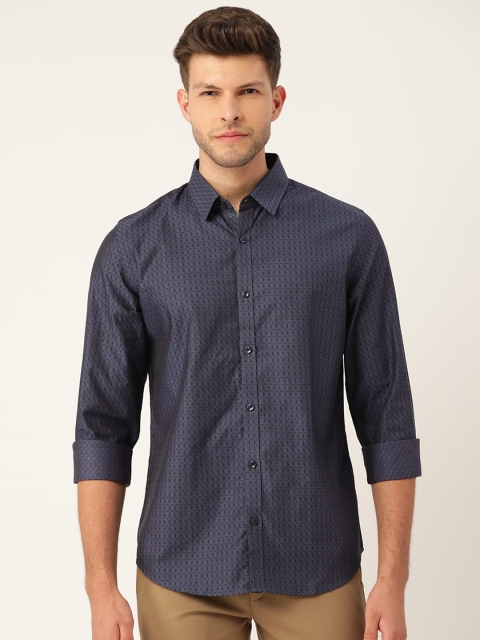 

United Colors of Benetton Men Navy Blue Slim Fit Cotton Checked Casual Shirt