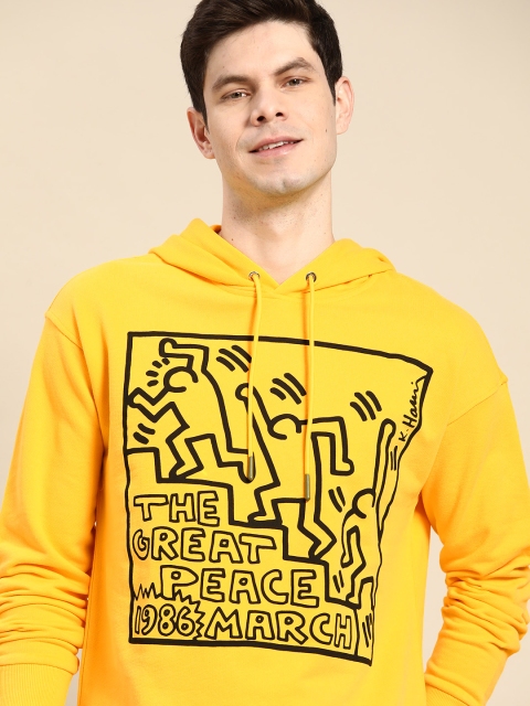 

United Colors of Benetton Men Yellow Pure Cotton Printed Hooded Sweatshirt