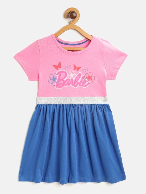 

Barbie Girls Pink & Blue Cotton Brand Logo Print Fit & Flare Dress