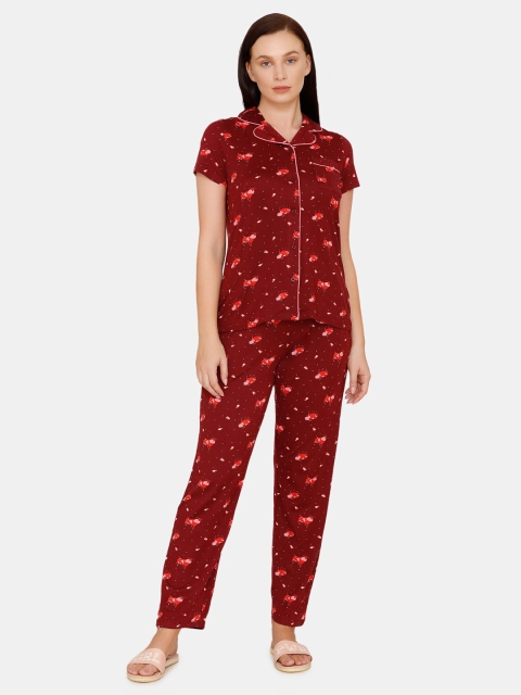 

Zivame Women Maroon & Pink Printed Night suit