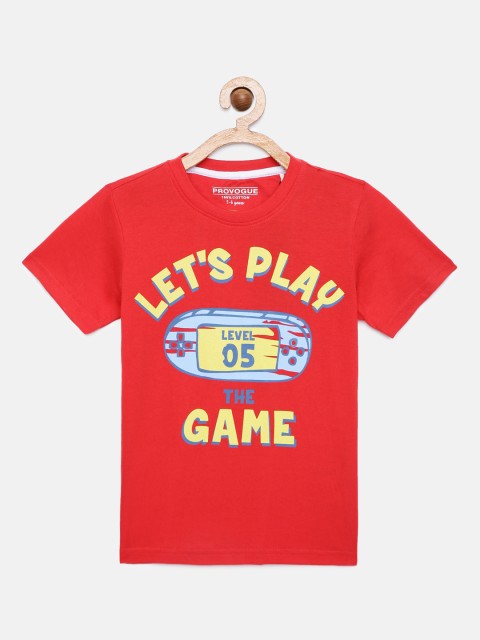 

Provogue Boys Red Yellow Typography Printed Pure Cotton T-shirt