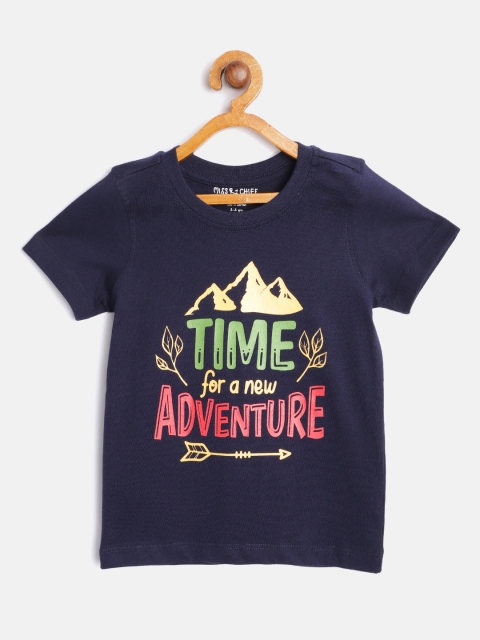 

Miss & Chief Boys Navy Blue & Yellow Pure Cotton Typography Print Round Neck T-shirt