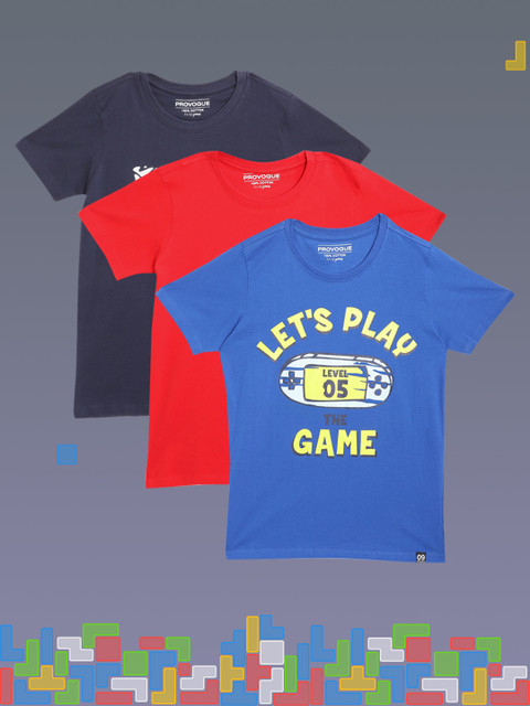 

Provogue Boys Pack of 3 Printed Cotton T-shirts, Navy blue