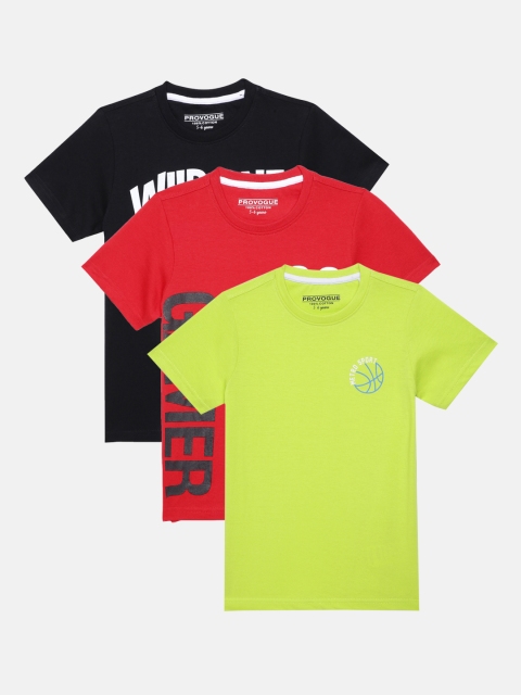 

Provogue Boys Pack of 3 Multicoloured Typography Printed Pure Cotton T-shirt, Red