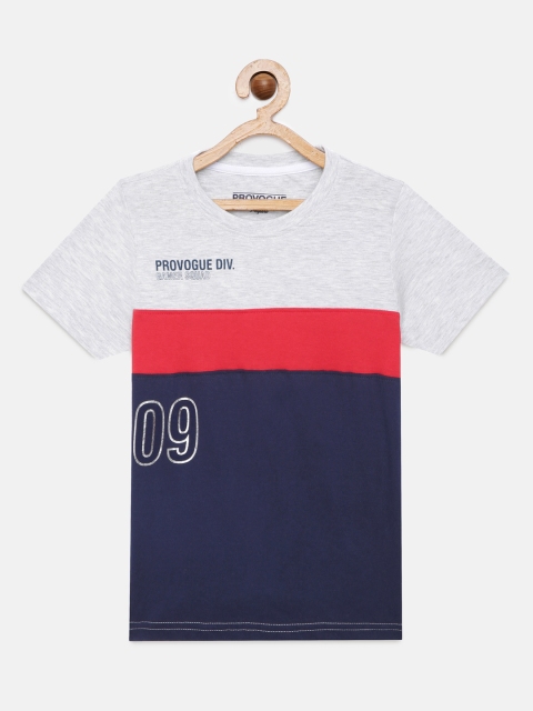 

Provogue Boys Navy Blue & Grey Melange Colourblocked T-shirt