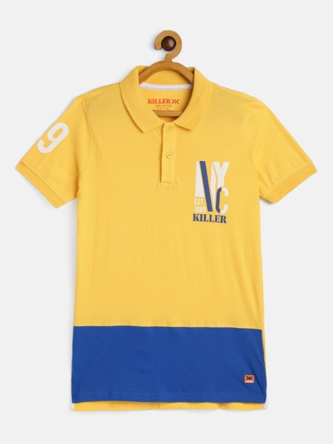 

Killer Boys Yellow Blue Colourblocked Polo Collar Pure Cotton T-shirt