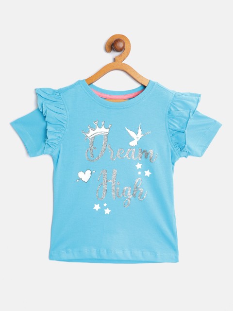 

Miss & Chief Blue & Silver Pure Cotton Printed Ruffles Regular Top
