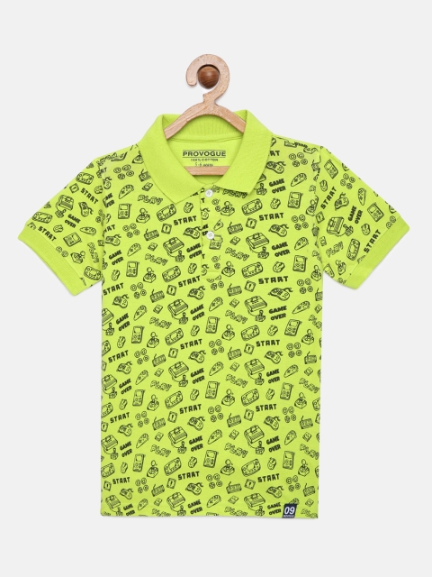

Provogue Boys Green Printed Pure Cotton Polo Collar Pure Cotton T-shirt