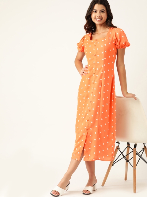 

DressBerry Orange & White Polka Dot A-Line Midi Dress