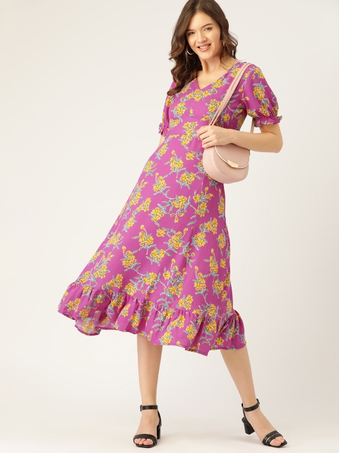

DressBerry Purple & Yellow Floral A-Line Midi Dress