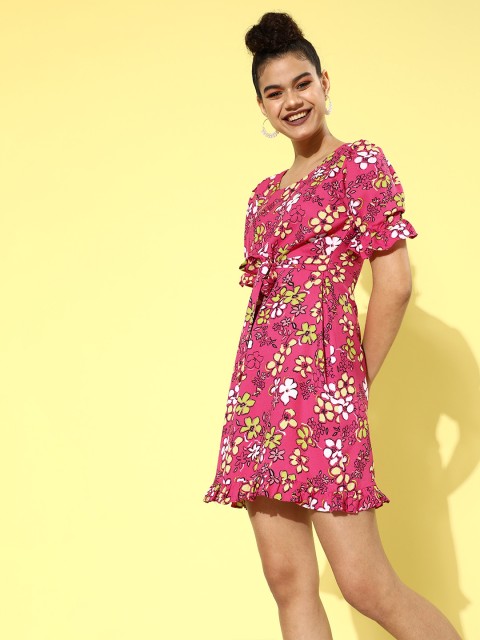 

DressBerry Women Pretty Pink Floral Cinched Waist Dress