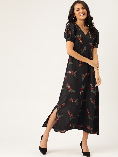 

DressBerry Black & Red Floral Print Maxi A-Line Dress