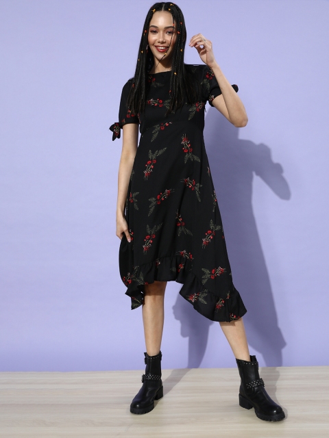 

DressBerry Women Black Floral Asymmetric Dress