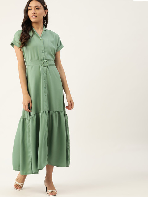 

DressBerry Women Mint Green Tiered Maxi Dress with Belt
