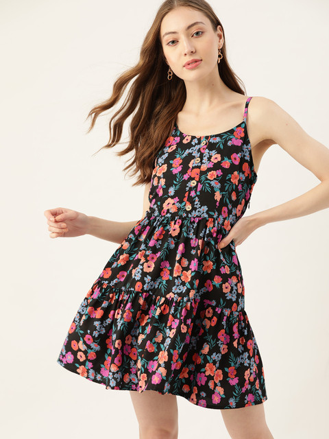 

DressBerry Black & Orange Floral A-Line Dress