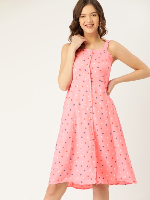 

DressBerry Pink & Blue Polka Dot Print A-Line Dress
