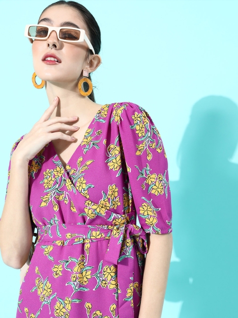 

DressBerry Purple & Mustard Yellow Floral Print Wrap Dress