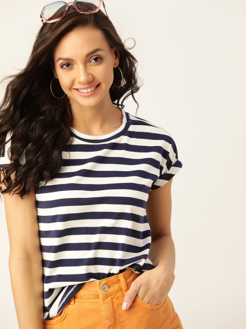 

DressBerry Women White & Navy Blue Striped Extended Sleeves T-shirt