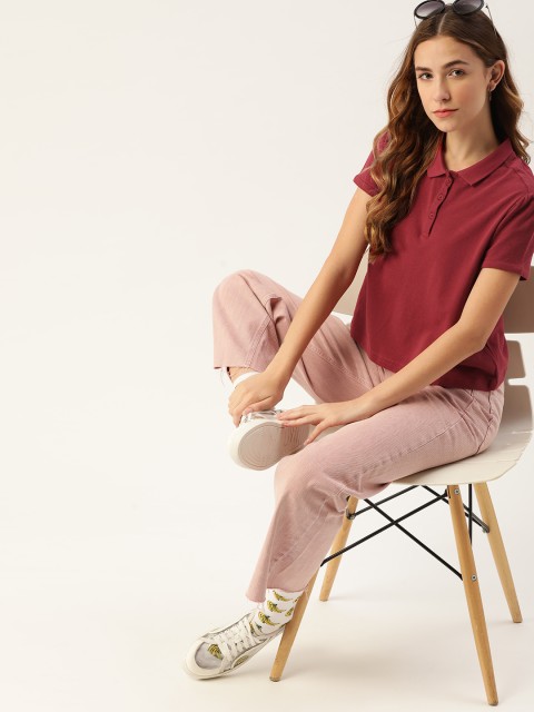 

DressBerry Women Maroon Pure Cotton Polo Collar Pure Cotton T-shirt