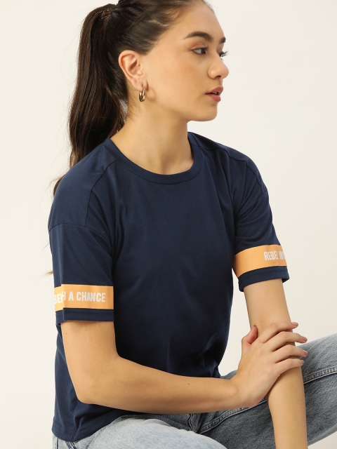 

DressBerry Women Navy Blue Solid Drop-Shoulder Sleeves T-shirt