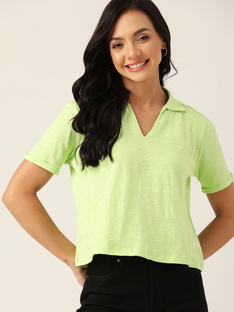 

DressBerry Women Green Cotton Spread Collar Solid T-shirt