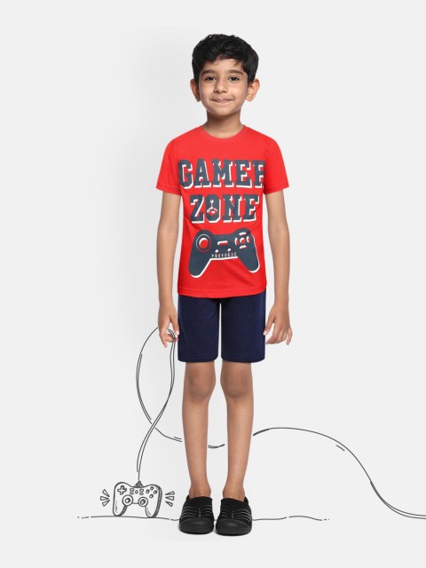 

Provogue Boys Red & Navy Blue Printed Pure Cotton T-shirt With Shorts