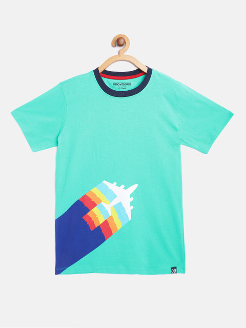 

Provogue Boys Sea Green Cotton Printed Round Neck T-shirt