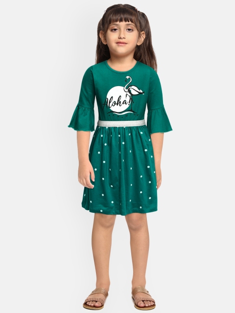 

Miss & Chief Green Pure Cotton Gathered Fit & Flare Bell Sleeves Dress