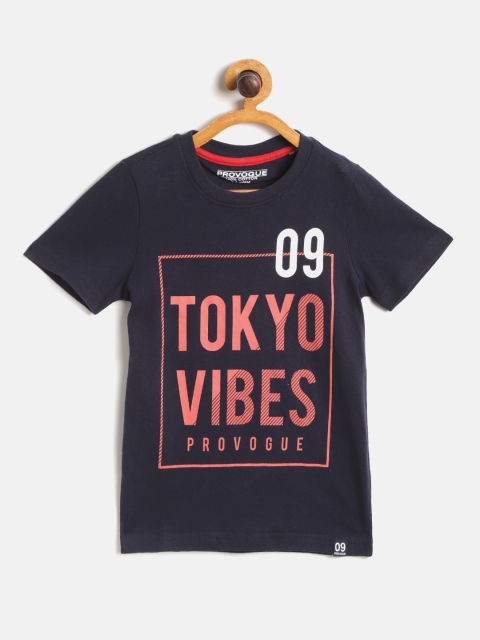 

Provogue Boys Navy Blue Peach-Coloured Typography Print Pure Cotton T-shirt