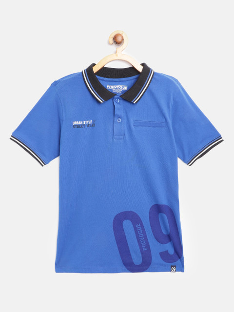 

Provogue Boys Blue Cotton Typography Printed Polo Collar T-shirt