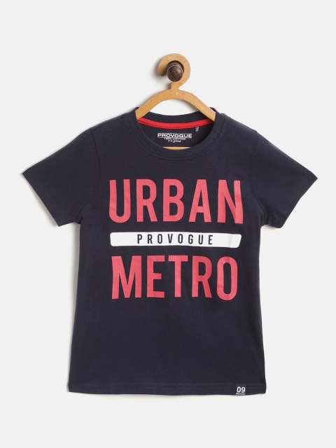 

Provogue Boys Navy Blue Red Typography Print Pure Cotton T-shirt