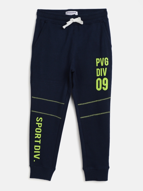 

Provogue Boys Navy Blue & Green Typography Print Pure Cotton Joggers