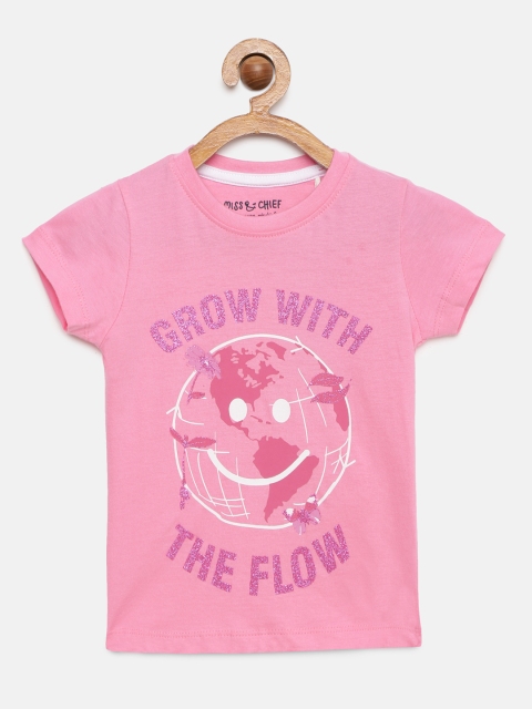 

Miss Chief Girls Pink Printed Pure Cotton T-shirt