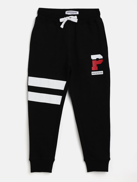 

Provogue Boys Black & White Solid Pure Cotton Joggers with Striped & Printed Detail
