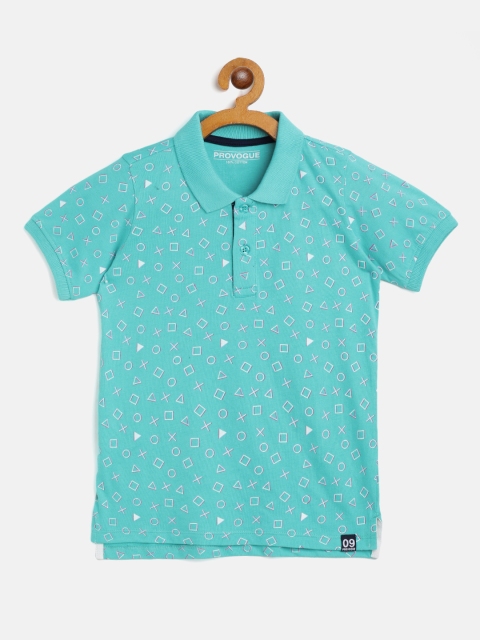 

Provogue Boys Sea Green & White Cotton Geometric Print Polo Collar T-shirt