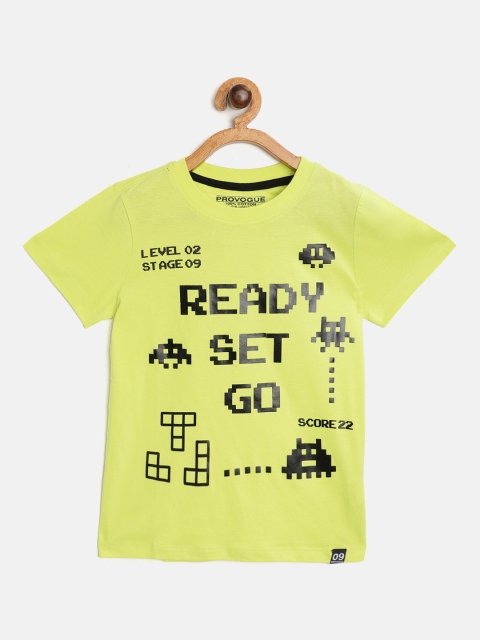 

Provogue Boys Fluorescent Green Cotton Typography Printed T-shirt