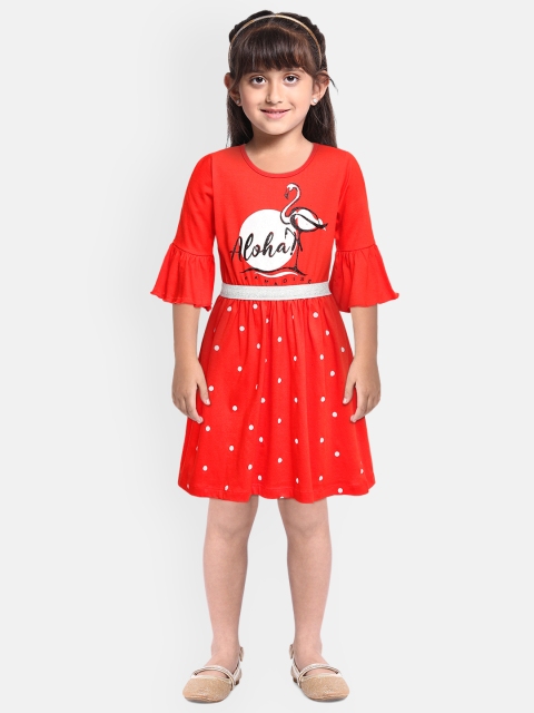 

Miss & Chief Red & White Pure Cotton Bell Sleeves Fit & Flare Dress
