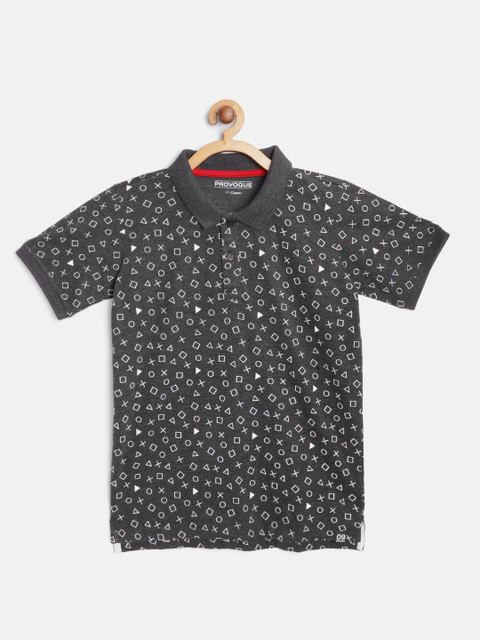 

Provogue Boys Charcoal Grey & White Cotton Printed Polo Collar T-shirt