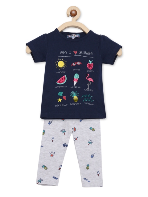 

Nauti Nati Girls Navy Blue & Grey Printed T-shirt with Capris