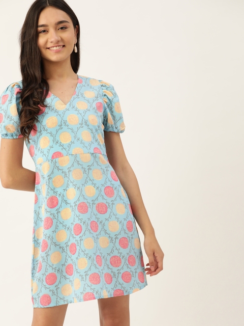 

DressBerry Women Blue & Yellow Polka Dots & Floral Print A-Line Dress
