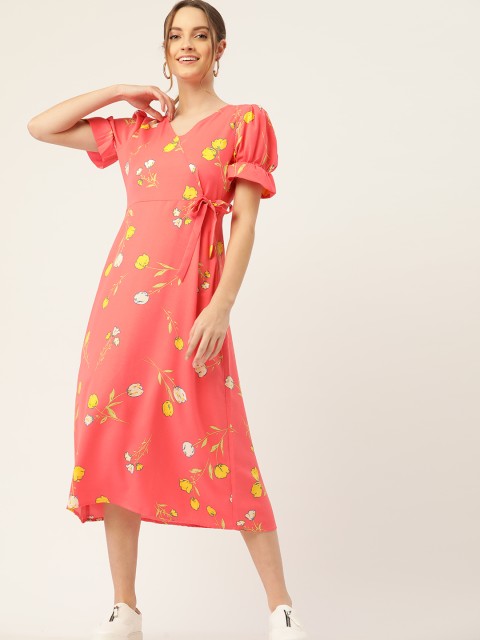 

DressBerry Peach-Coloured & Yellow Floral Midi Wrap Dress