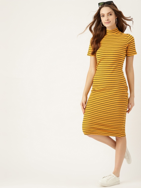 

DressBerry Mustard Yellow & Navy Blue Striped Bodycon Dress