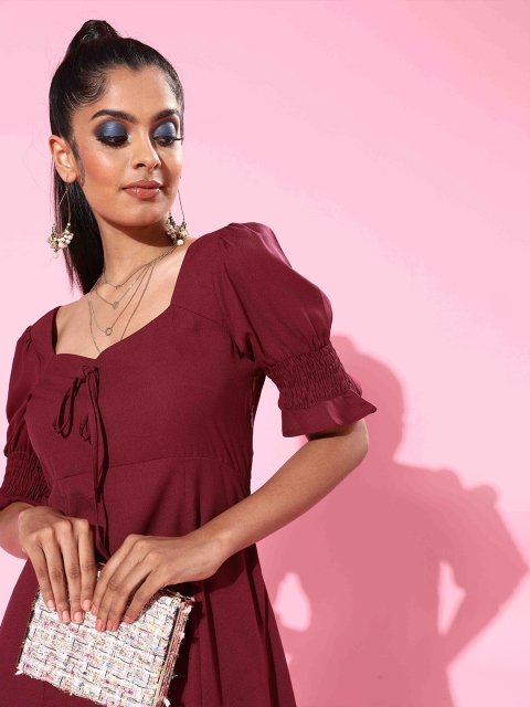 

DressBerry Women Deep Burgundy Solid Sweetheart Neck Dress