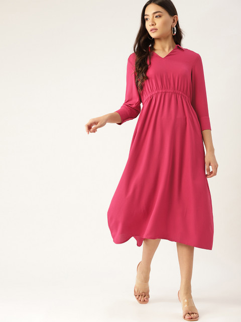

DressBerry Coral Pink Solid Midi Fit & Flare Dress