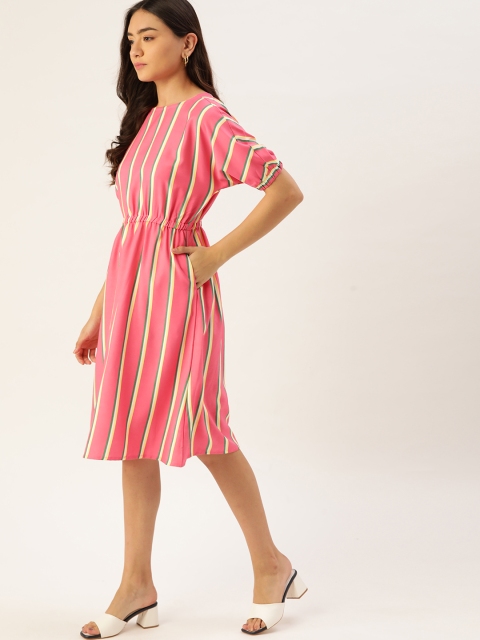 

DressBerry Pink & Green Striped A-Line Midi Dress