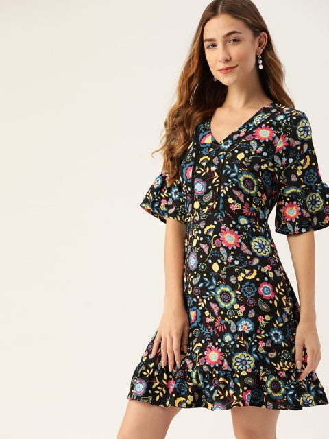 

DressBerry Black & Yellow Ethnic Motifs Print A-Line Dress