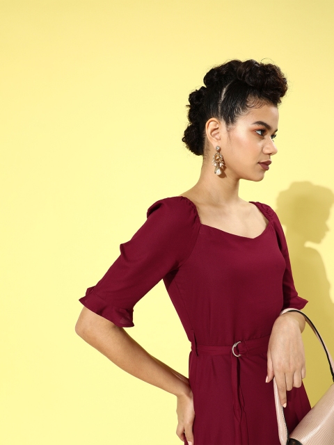 

DressBerry Women Maroon Solid Belted Dress